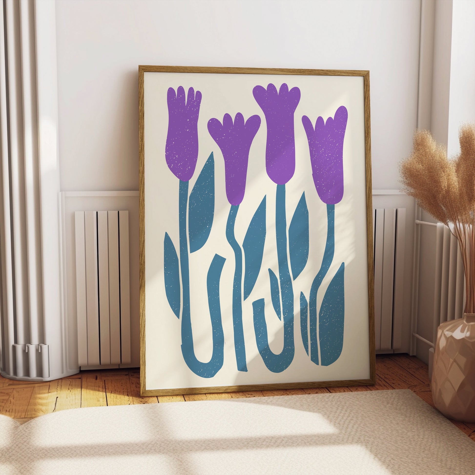 Premium Poster of Abstract Purple Flowers on Blue Stems Art Wall Posters
