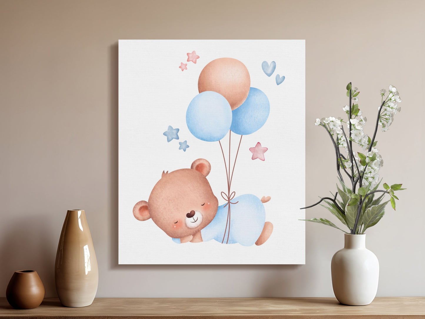 Premium Poster of Adorable Baby Bear with Balloons Nursery Canvas Wraps
