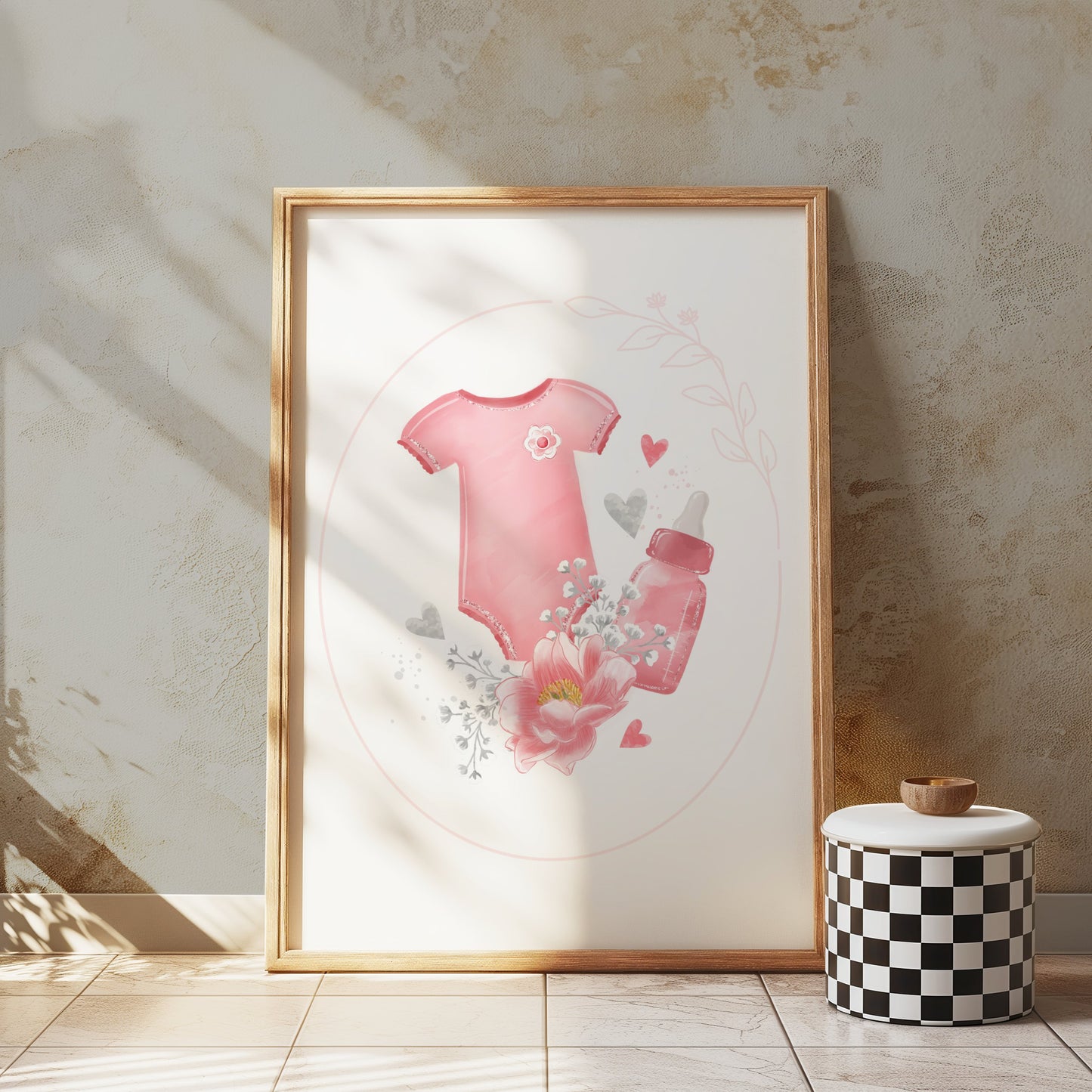 Premium Poster of Adorable Baby Bodysuit with Heart and Flowers Posters