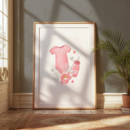 Premium Poster of Adorable Baby Bodysuit with Heart and Flowers Posters