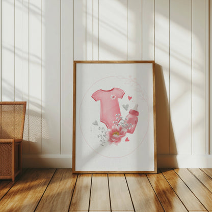 Premium Poster of Adorable Baby Bodysuit with Heart and Flowers Posters