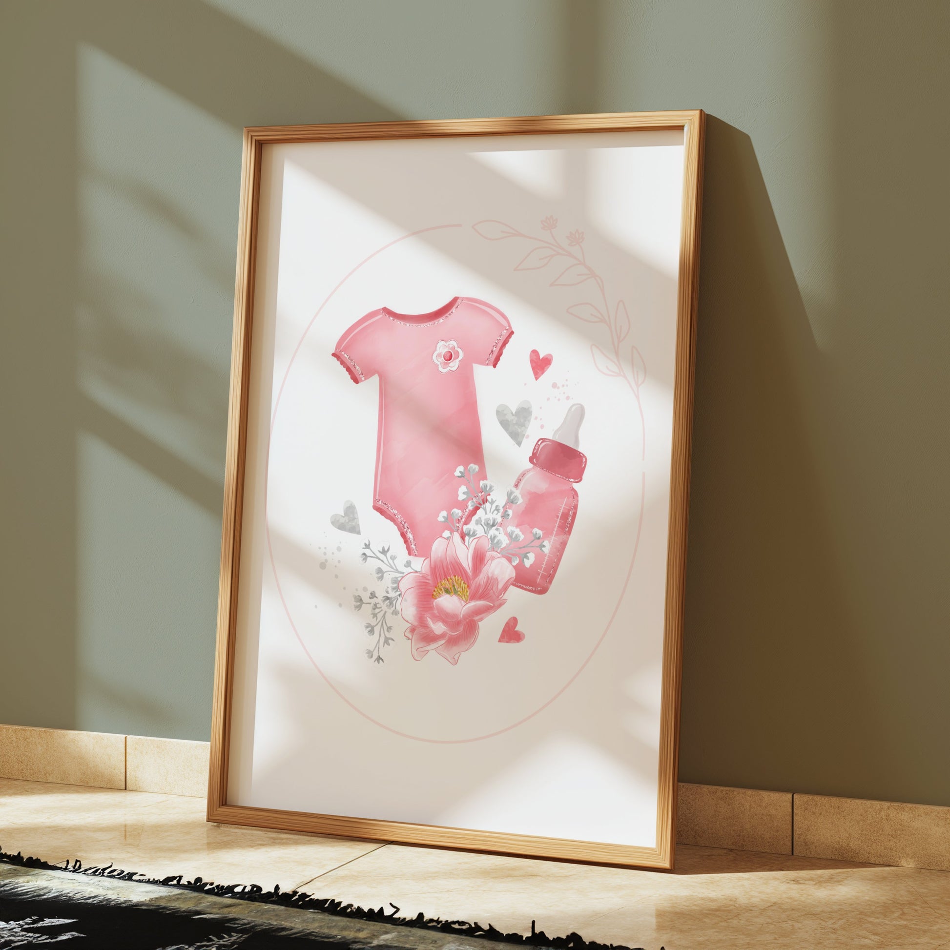 Premium Poster of Adorable Baby Bodysuit with Heart and Flowers Posters
