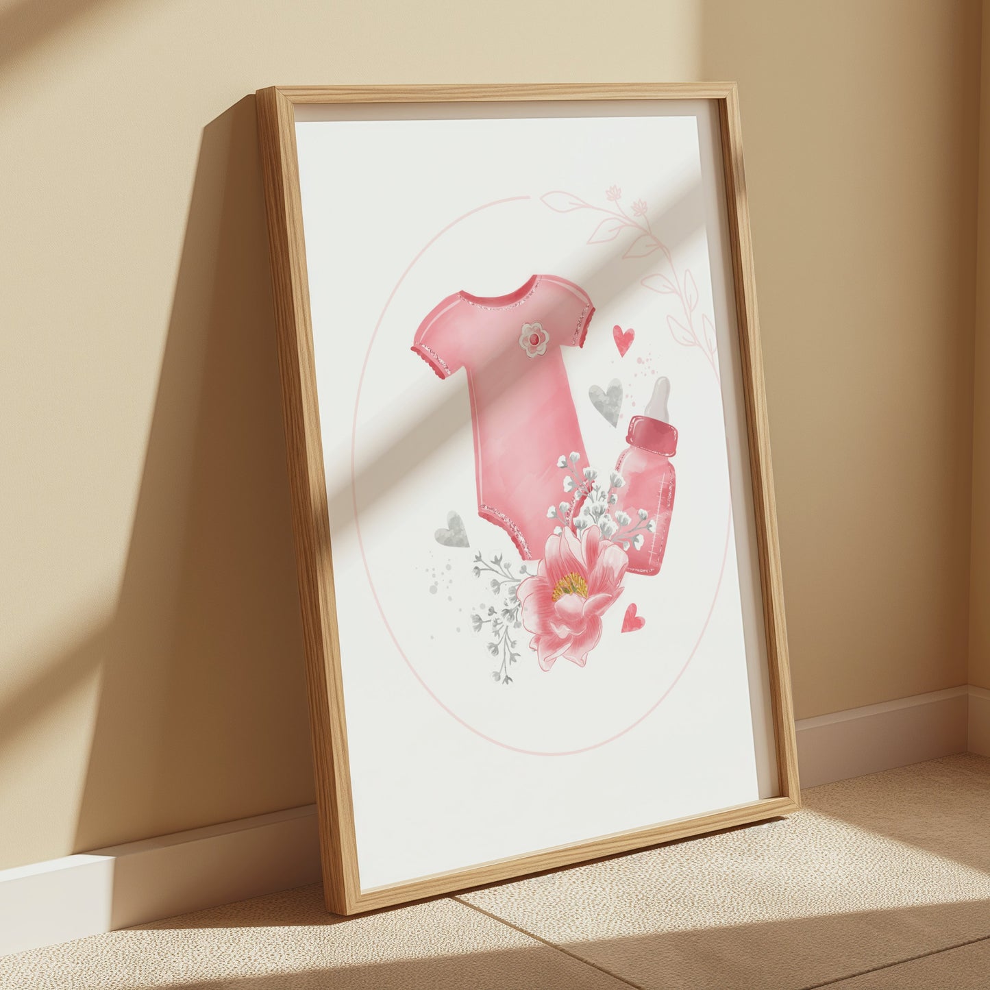 Premium Poster of Adorable Baby Bodysuit with Heart and Flowers Posters
