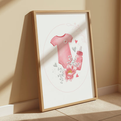 Premium Poster of Adorable Baby Bodysuit with Heart and Flowers Posters