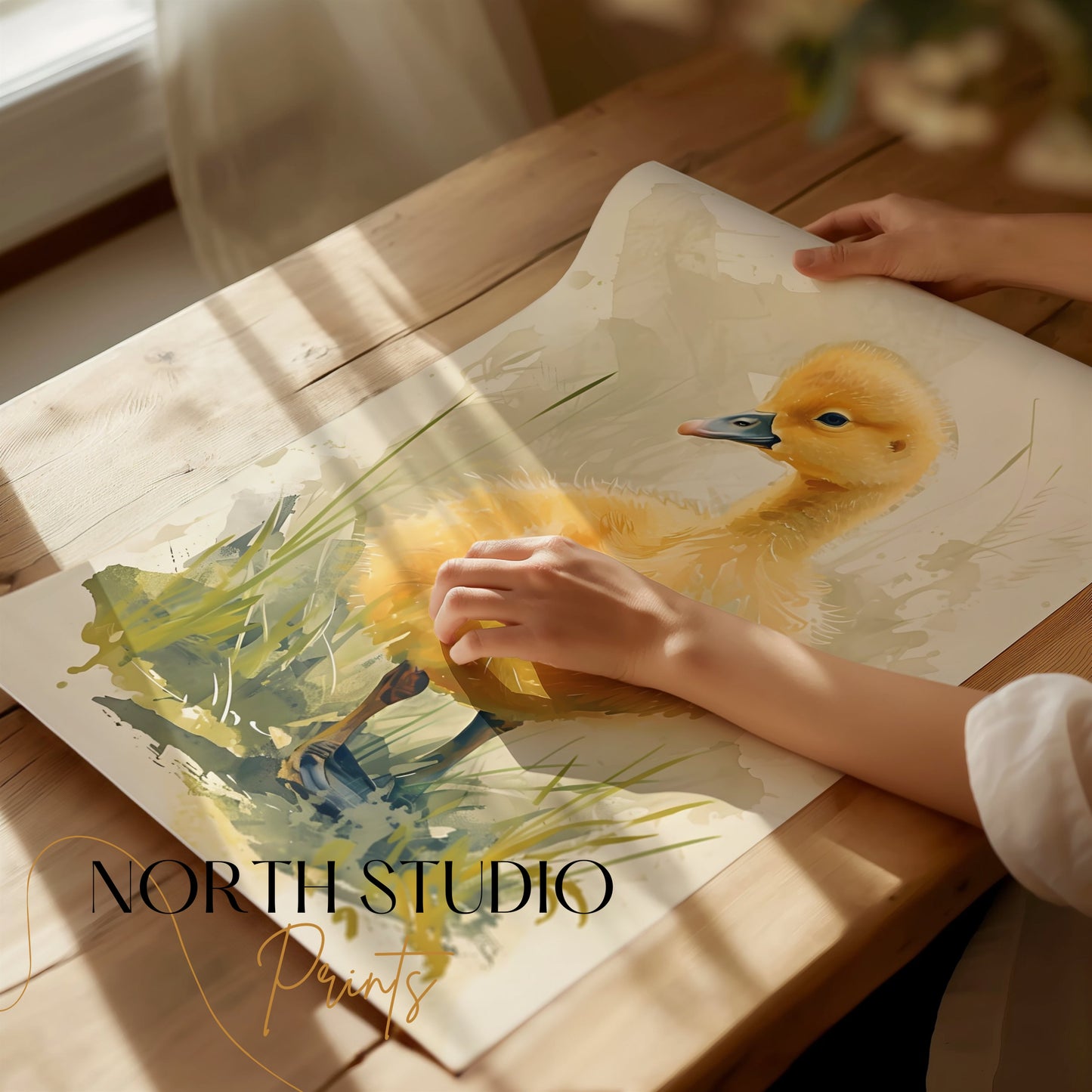 Premium Poster of Adorable Baby Duck in Meadow Watercolor Art Posters