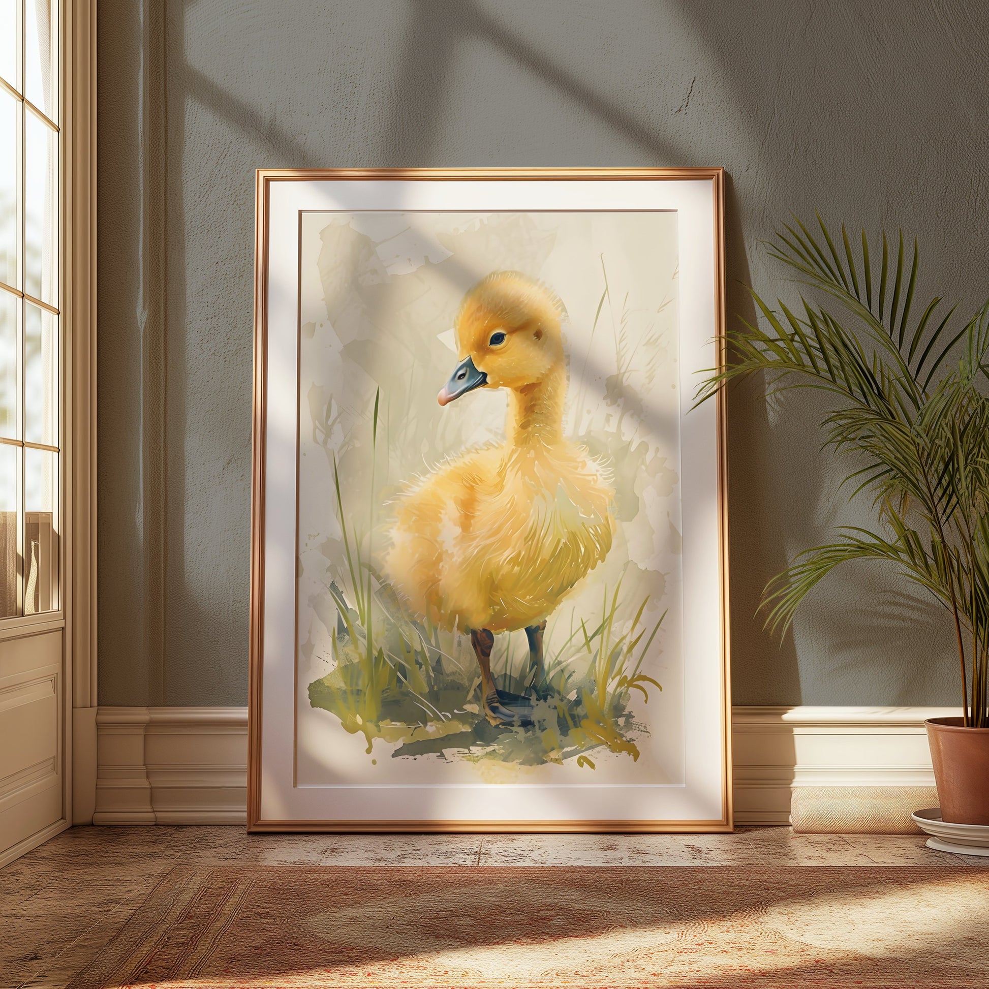 Premium Poster of Adorable Baby Duck in Meadow Watercolor Art Posters