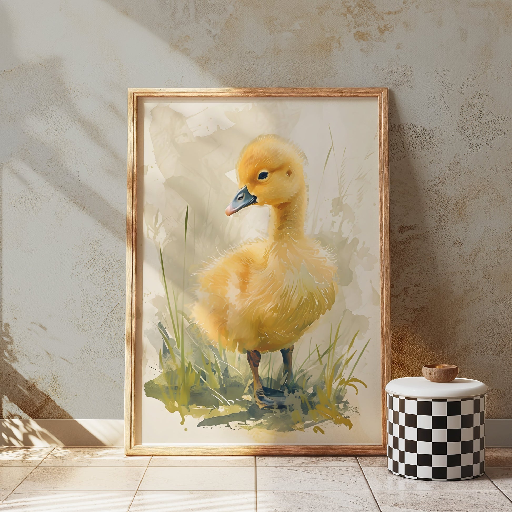 Premium Poster of Adorable Baby Duck in Meadow Watercolor Art Posters