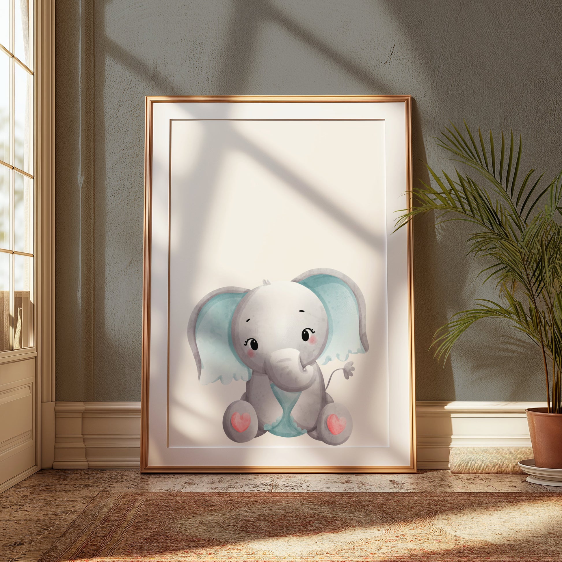 Premium Poster of Adorable Baby Elephant with Blue Accents Posters