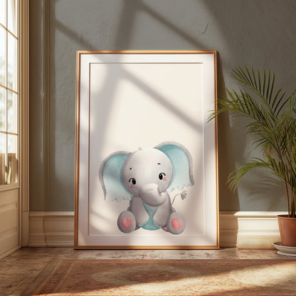 Premium Poster of Adorable Baby Elephant with Blue Accents Posters