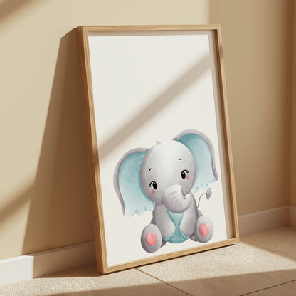 Premium Poster of Adorable Baby Elephant with Blue Accents Posters