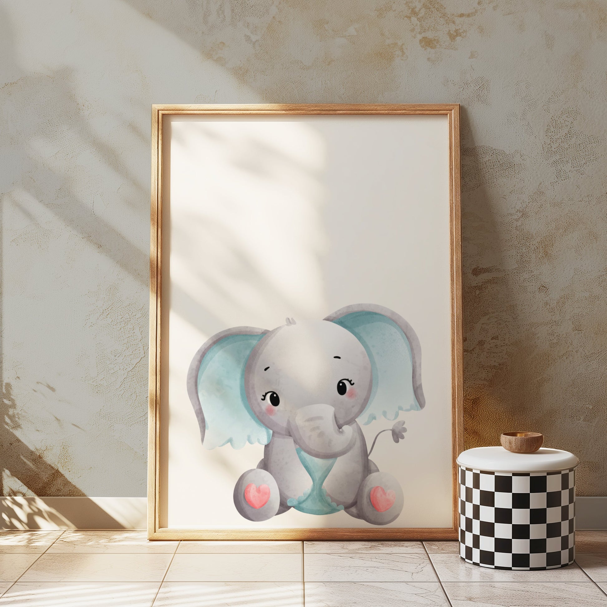 Premium Poster of Adorable Baby Elephant with Blue Accents Posters