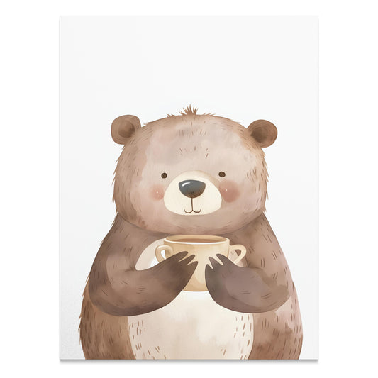 Premium Poster of Adorable Bear Holding a Cup Illustration Wall Art Posters