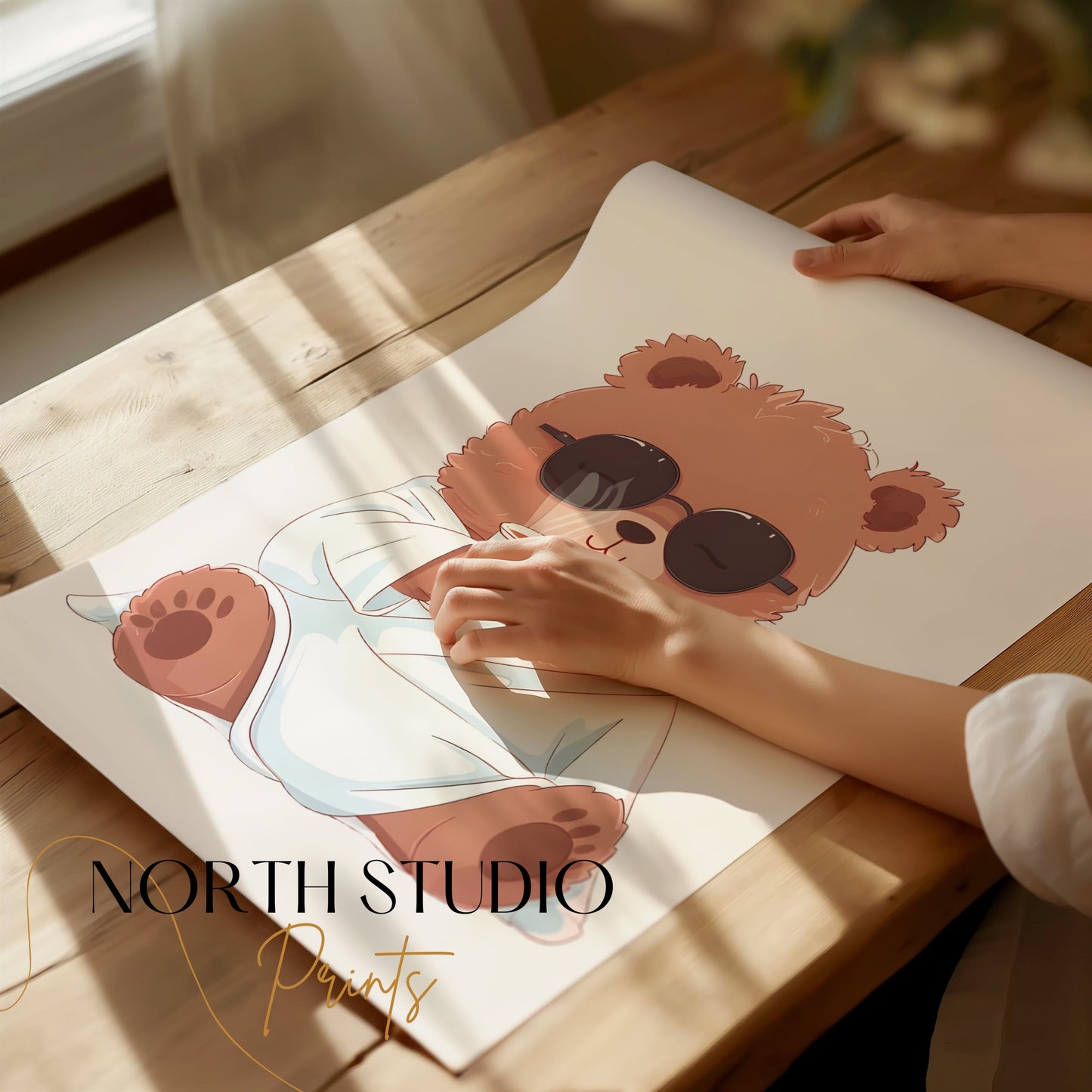 Premium Poster of Adorable Bear in Sunglasses Drinking Coffee Posters