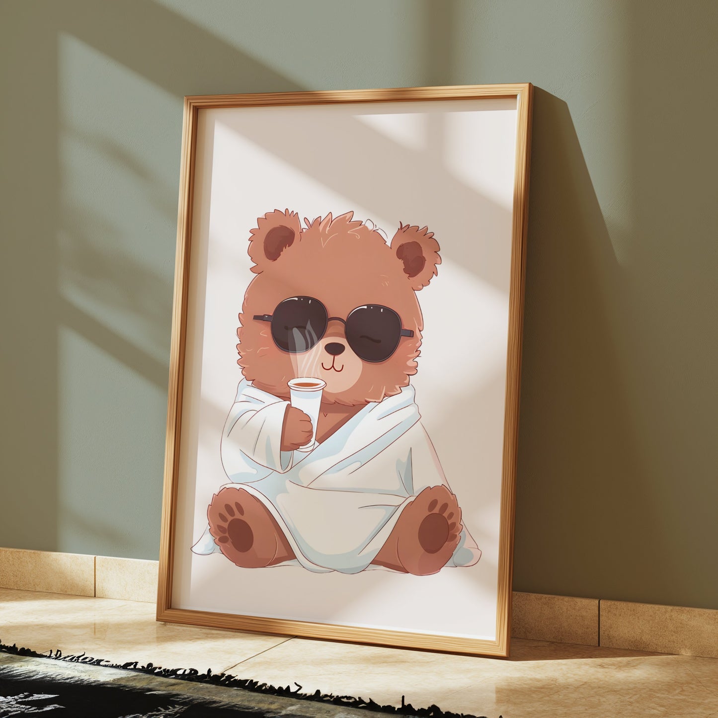 Premium Poster of Adorable Bear in Sunglasses Drinking Coffee Posters