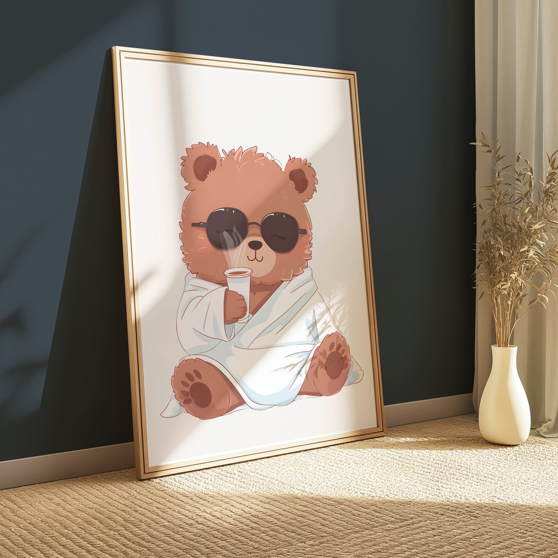 Premium Poster of Adorable Bear in Sunglasses Drinking Coffee Posters