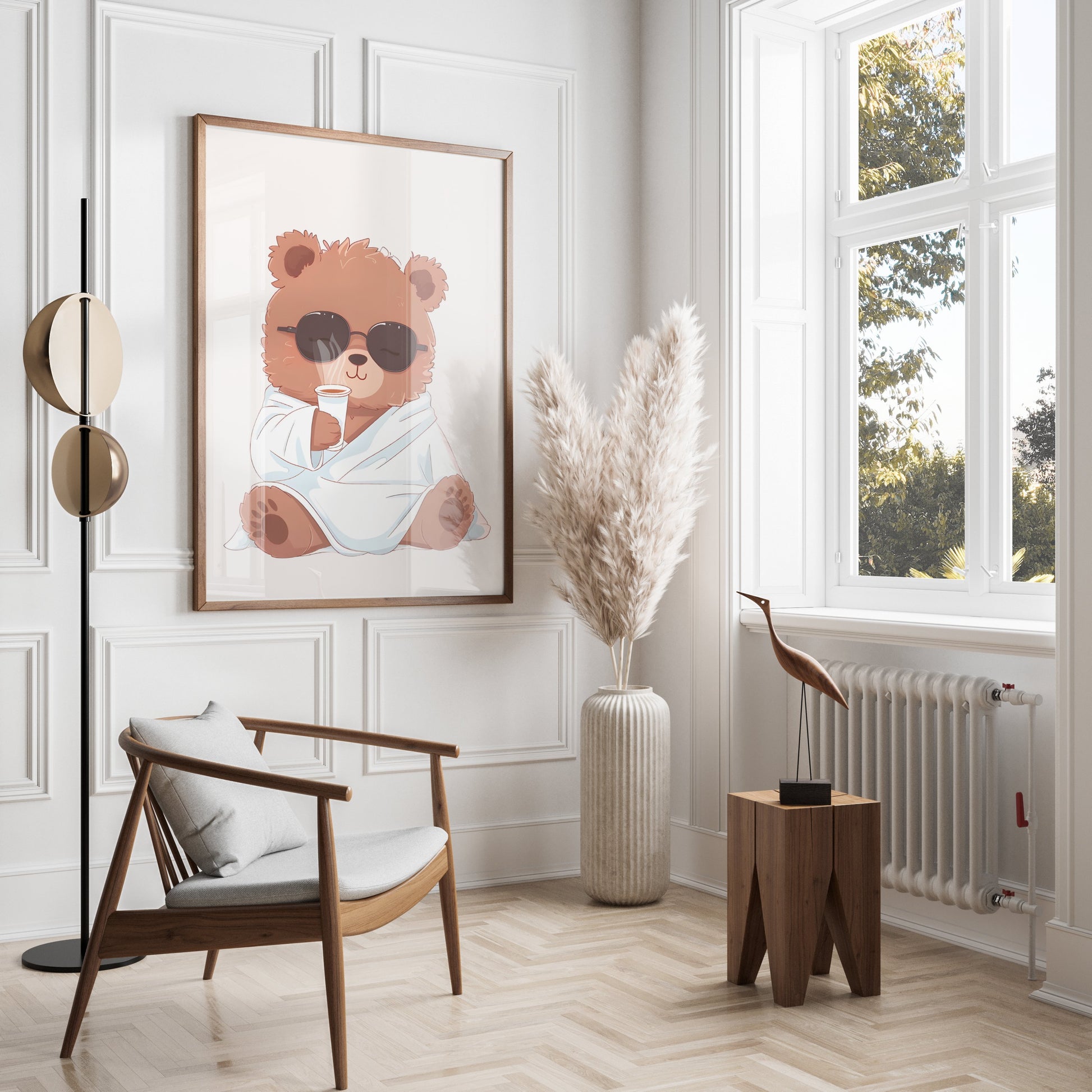 Premium Poster of Adorable Bear in Sunglasses Drinking Coffee Posters