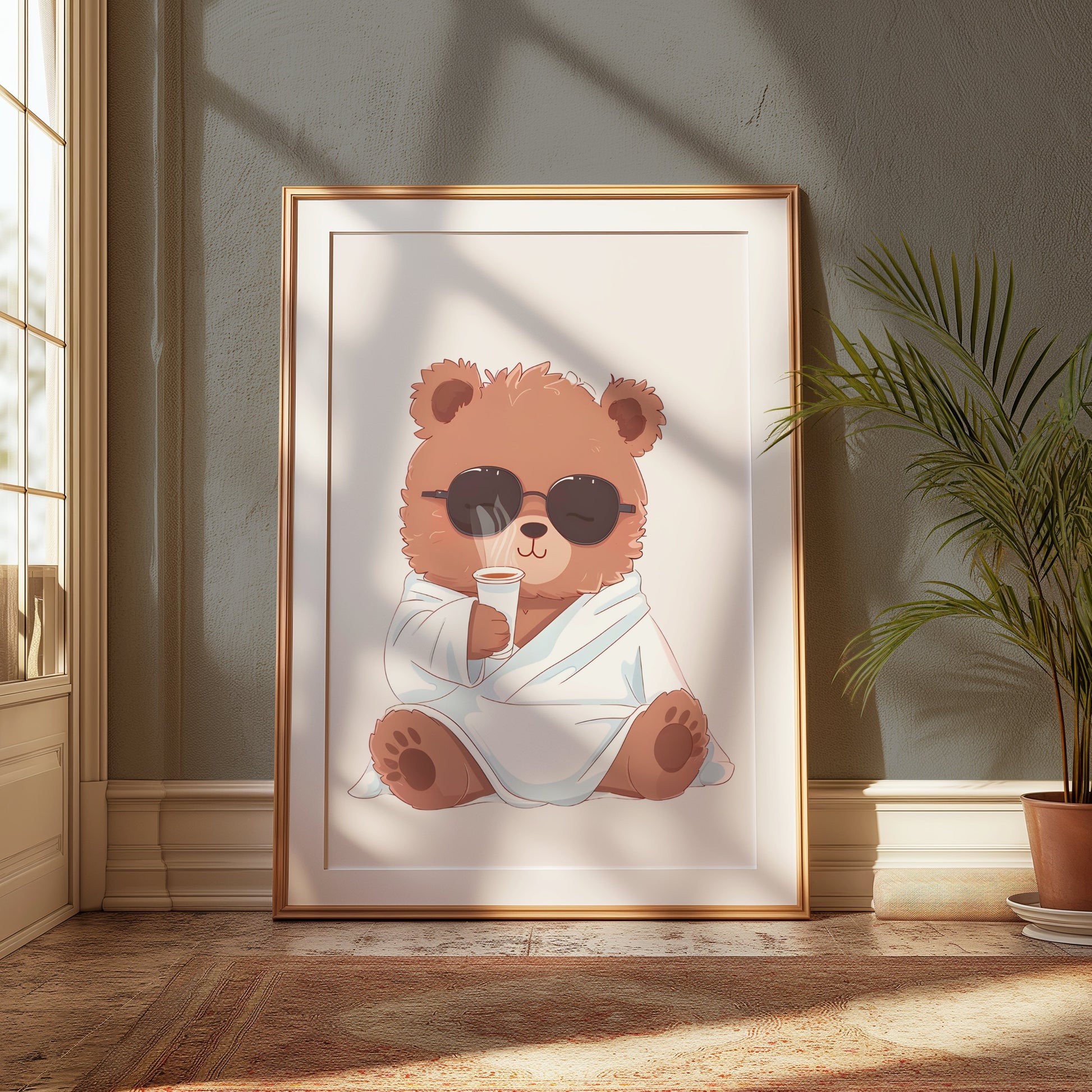 Premium Poster of Adorable Bear in Sunglasses Drinking Coffee Posters
