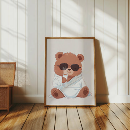 Premium Poster of Adorable Bear in Sunglasses Drinking Coffee Posters
