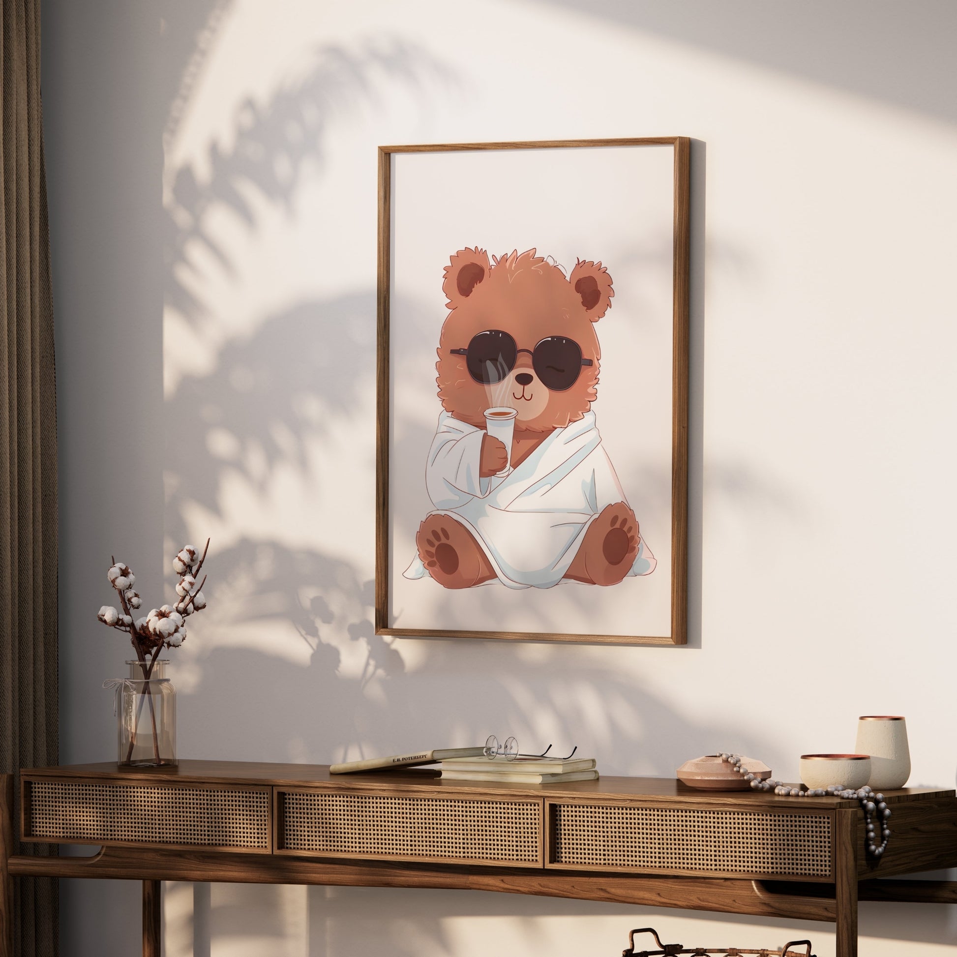 Premium Poster of Adorable Bear in Sunglasses Drinking Coffee Posters