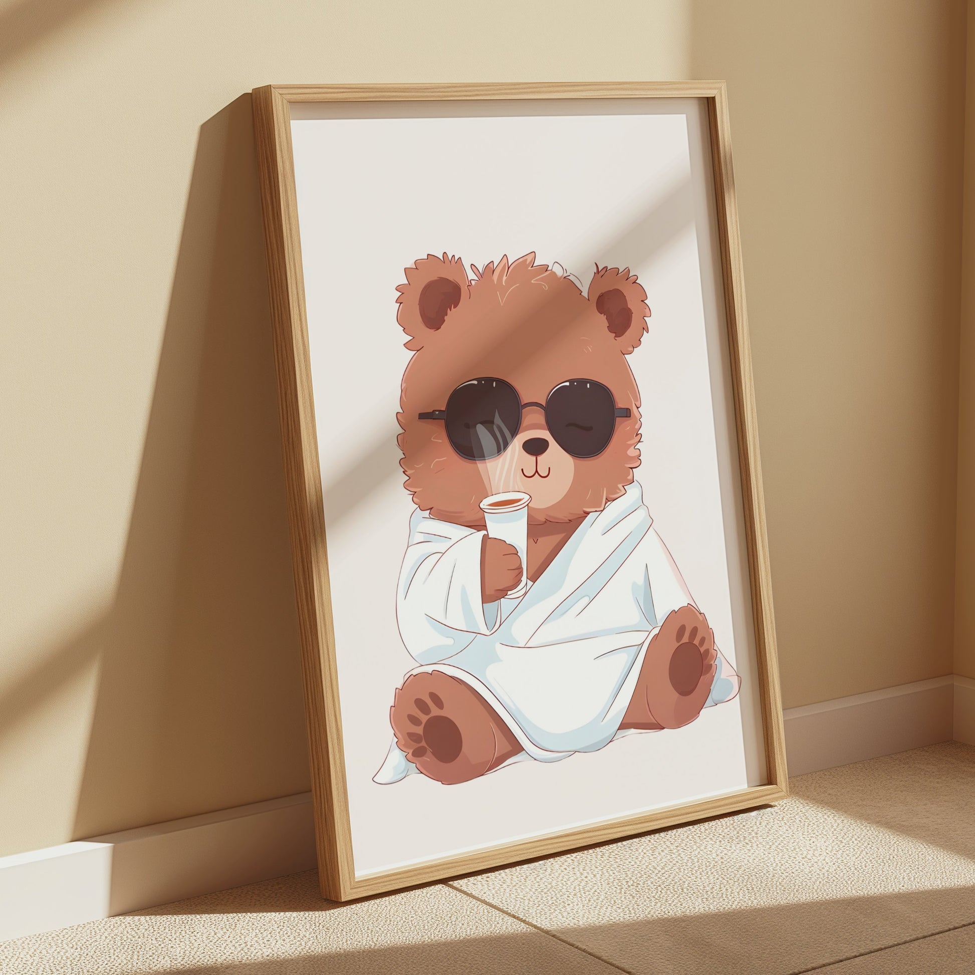 Premium Poster of Adorable Bear in Sunglasses Drinking Coffee Posters