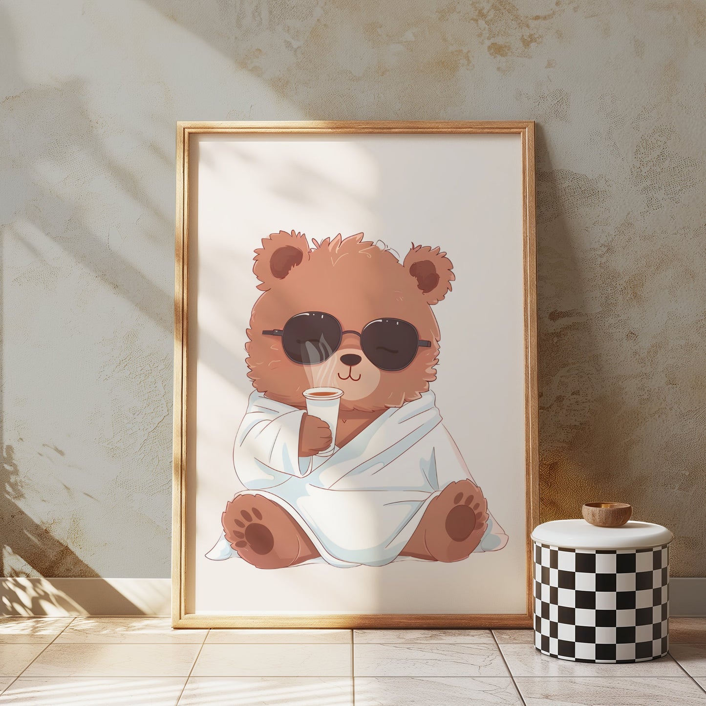 Premium Poster of Adorable Bear in Sunglasses Drinking Coffee Posters