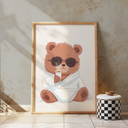 Premium Poster of Adorable Bear in Sunglasses Drinking Coffee Posters
