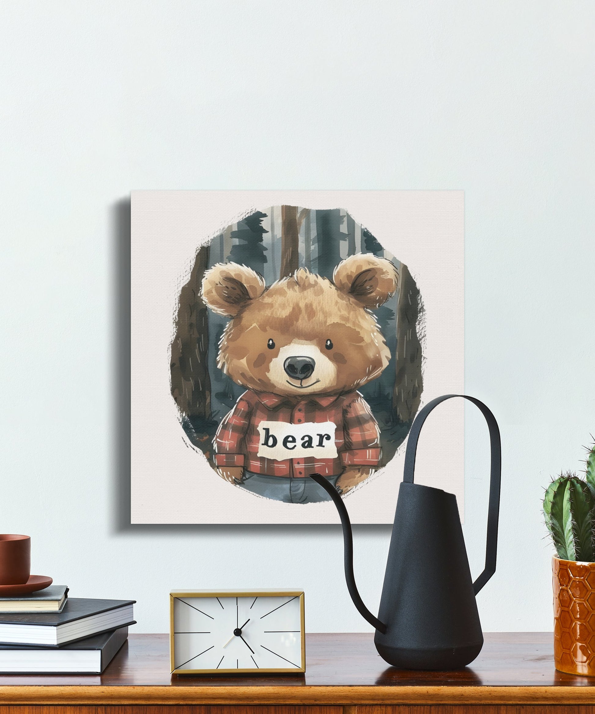 Premium Poster of Adorable Bear with Plaid Shirt Nursery Canvas Wraps