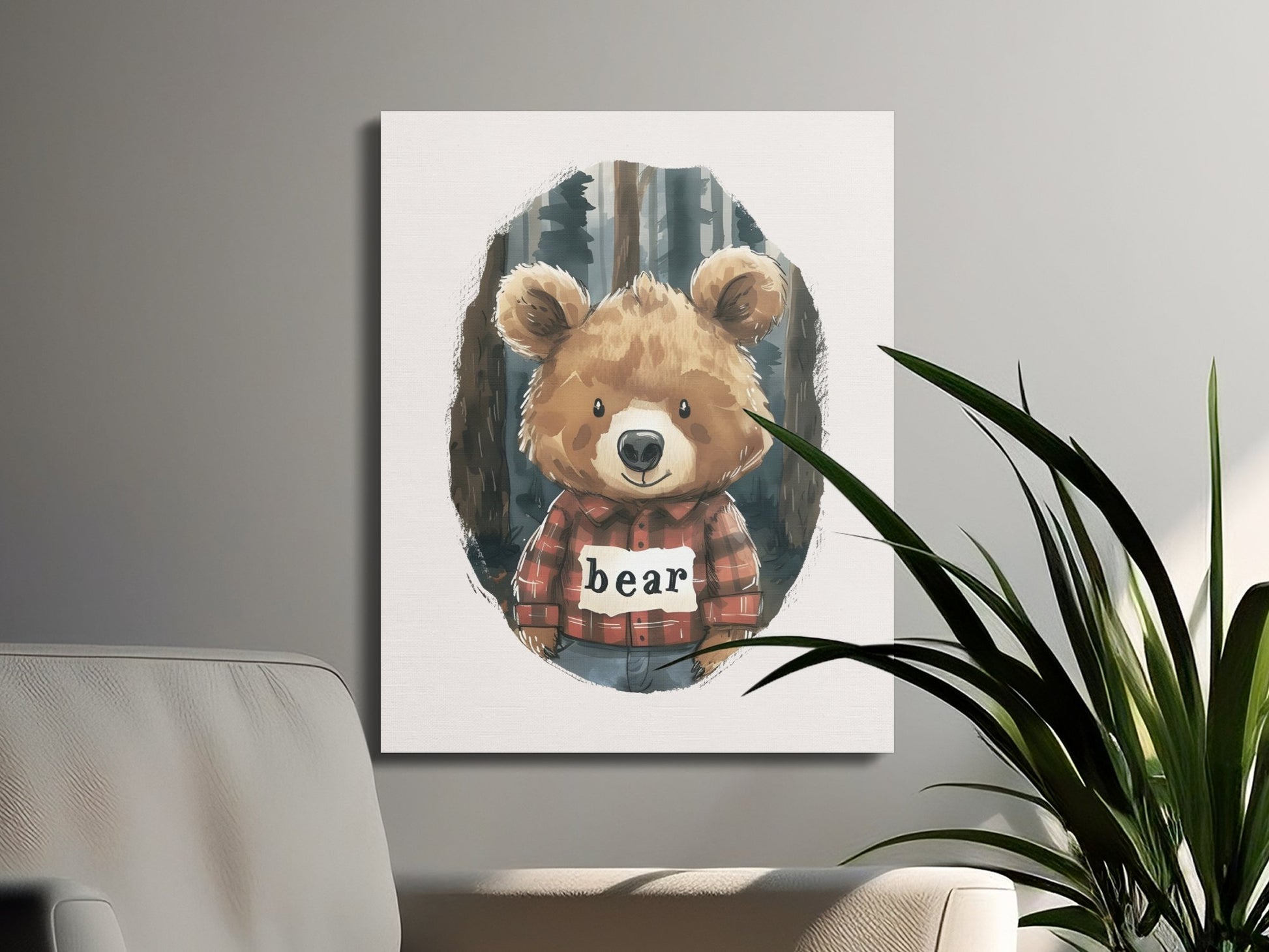 Premium Poster of Adorable Bear with Plaid Shirt Nursery Canvas Wraps