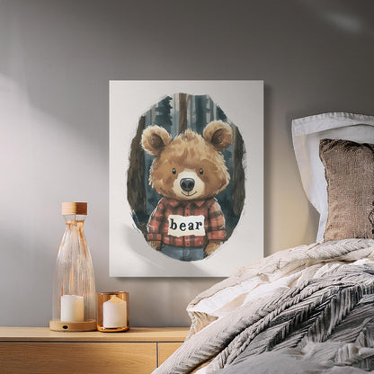 Premium Poster of Adorable Bear with Plaid Shirt Nursery Canvas Wraps