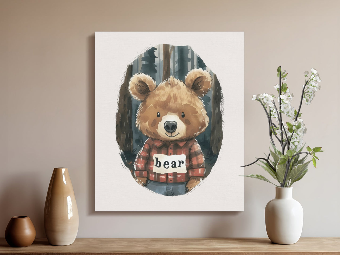Premium Poster of Adorable Bear with Plaid Shirt Nursery Canvas Wraps