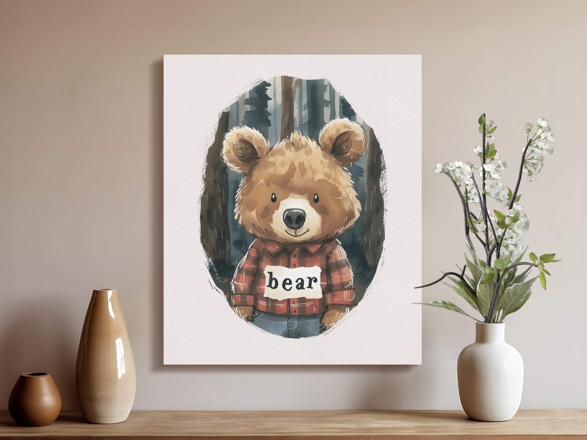 Premium Poster of Adorable Bear with Plaid Shirt Nursery Canvas Wraps