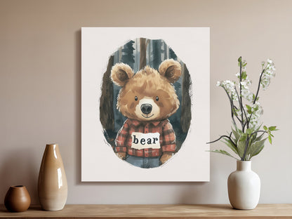 Premium Poster of Adorable Bear with Plaid Shirt Nursery Canvas Wraps
