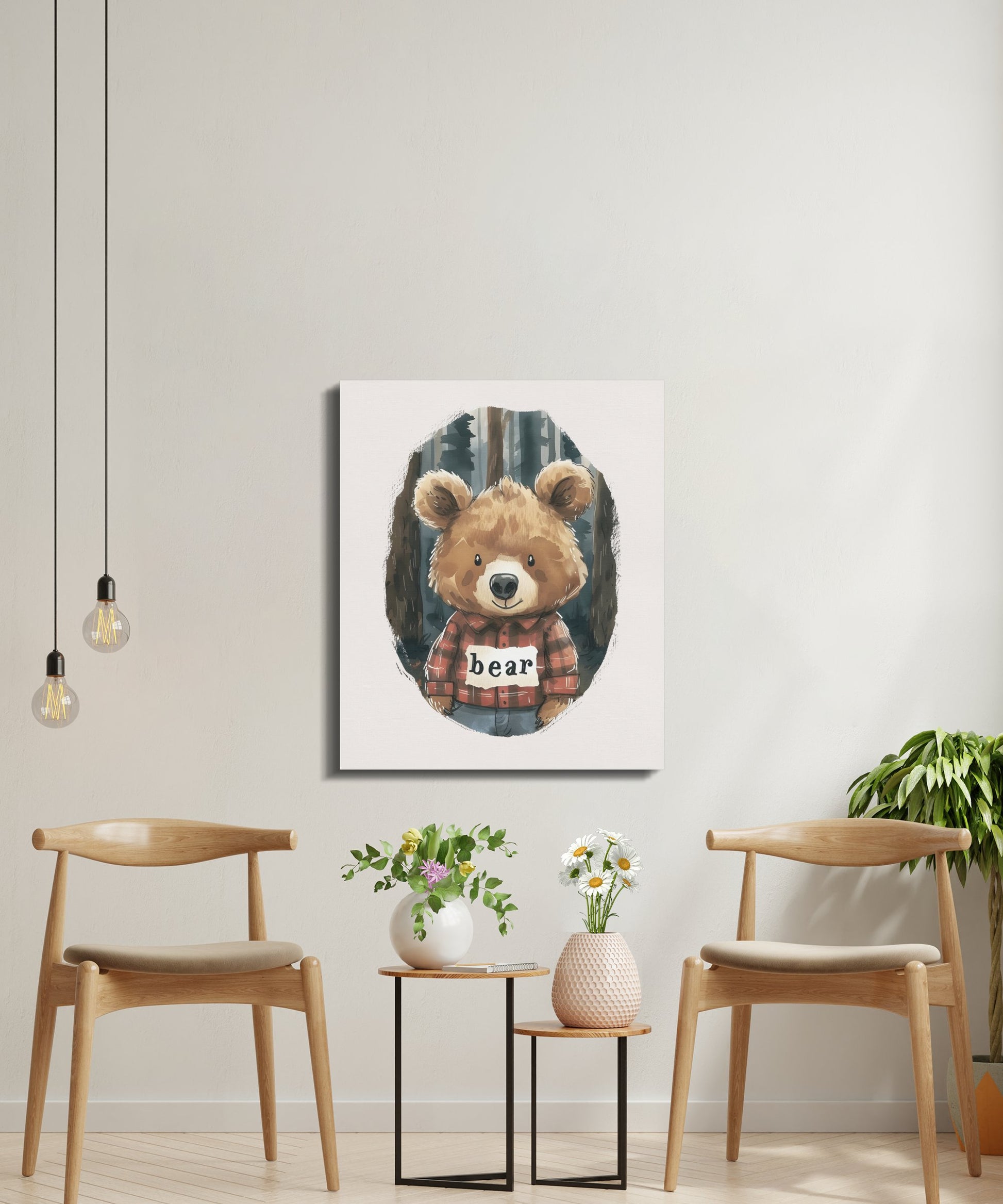Premium Poster of Adorable Bear with Plaid Shirt Nursery Canvas Wraps