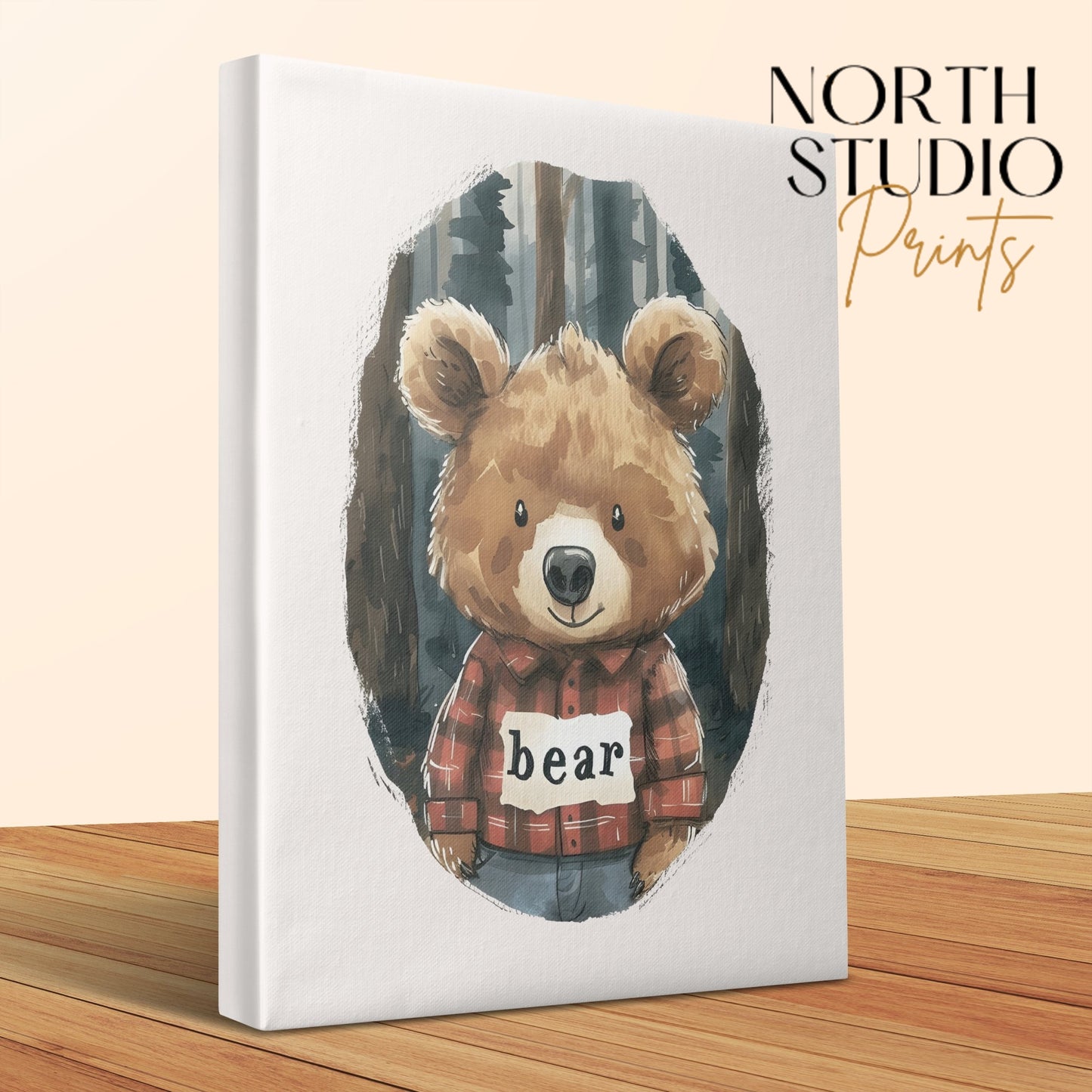 Premium Poster of Adorable Bear with Plaid Shirt Nursery Canvas Wraps