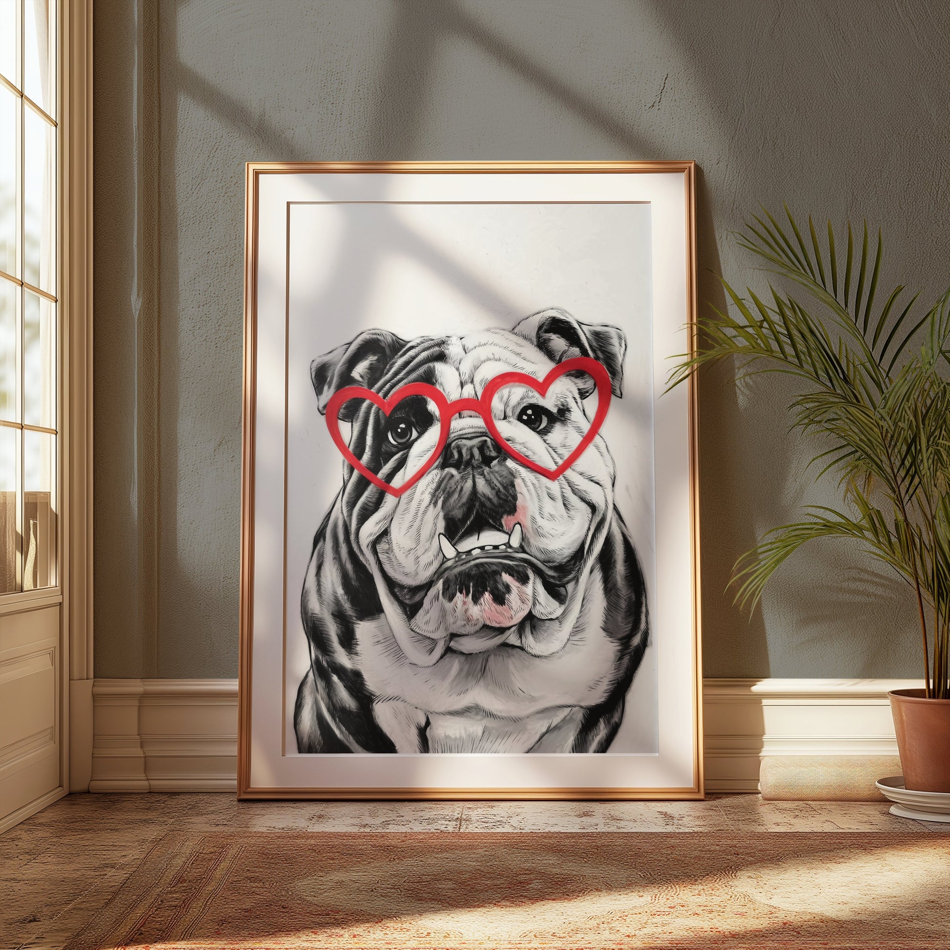 Premium Poster of Adorable Bulldog with Heart Glasses Wall Art Posters
