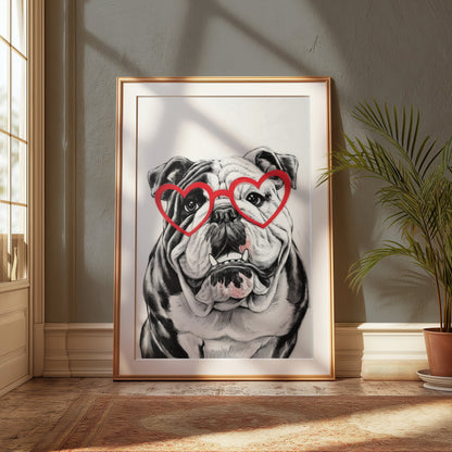 Premium Poster of Adorable Bulldog with Heart Glasses Wall Art Posters
