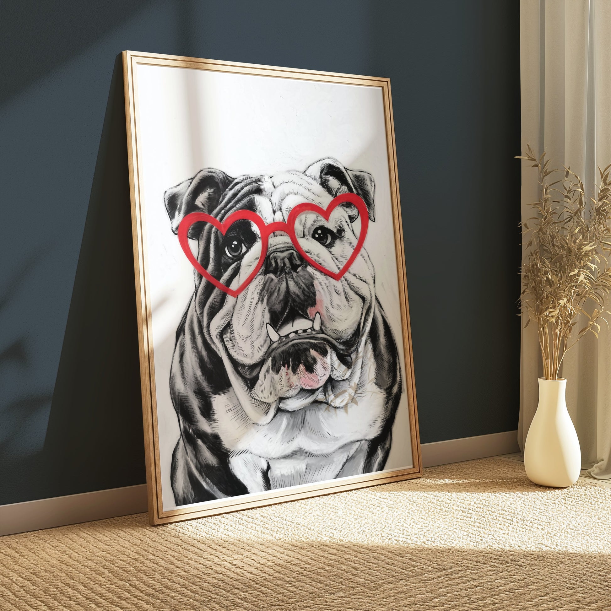 Premium Poster of Adorable Bulldog with Heart Glasses Wall Art Posters