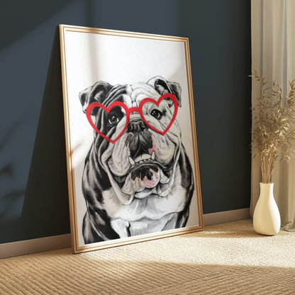 Premium Poster of Adorable Bulldog with Heart Glasses Wall Art Posters