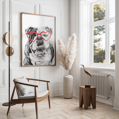 Premium Poster of Adorable Bulldog with Heart Glasses Wall Art Posters
