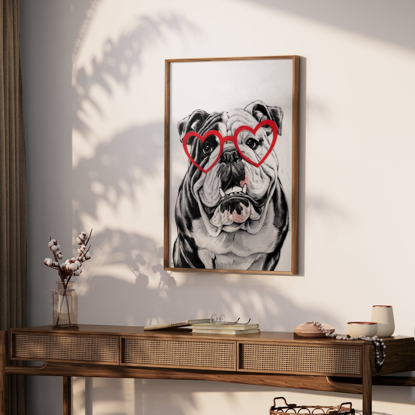 Premium Poster of Adorable Bulldog with Heart Glasses Wall Art Posters
