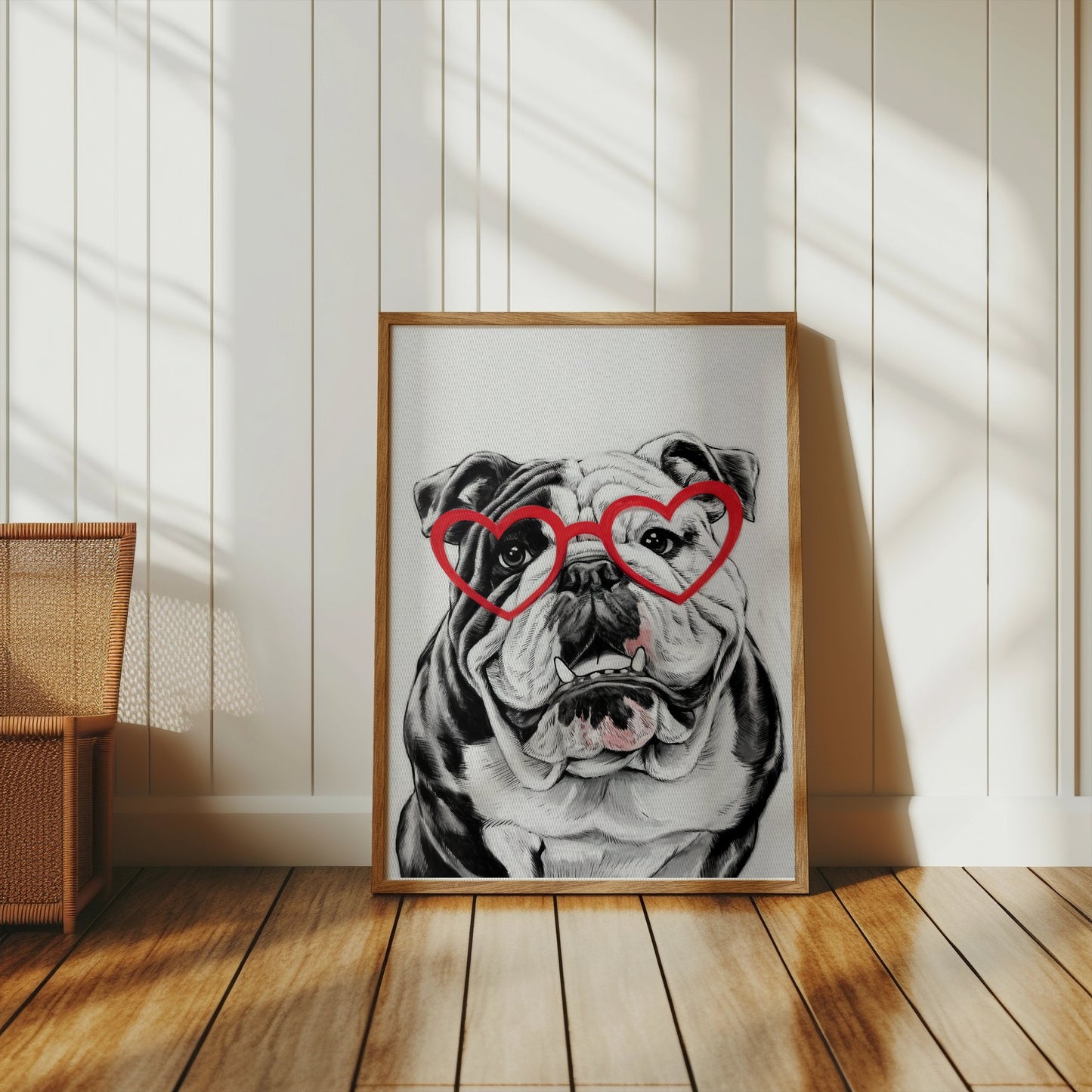 Premium Poster of Adorable Bulldog with Heart Glasses Wall Art Posters