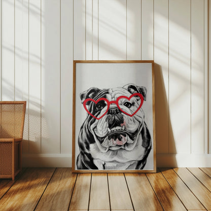 Premium Poster of Adorable Bulldog with Heart Glasses Wall Art Posters