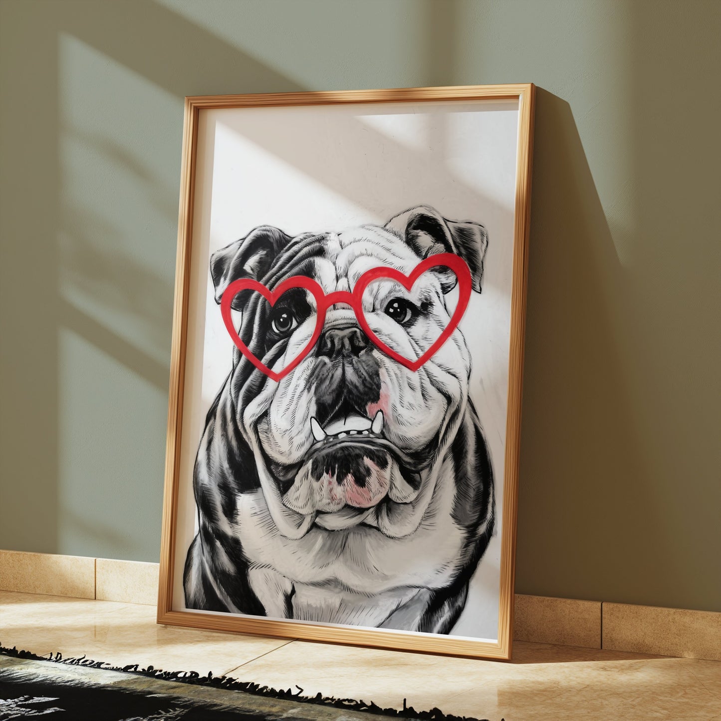 Premium Poster of Adorable Bulldog with Heart Glasses Wall Art Posters