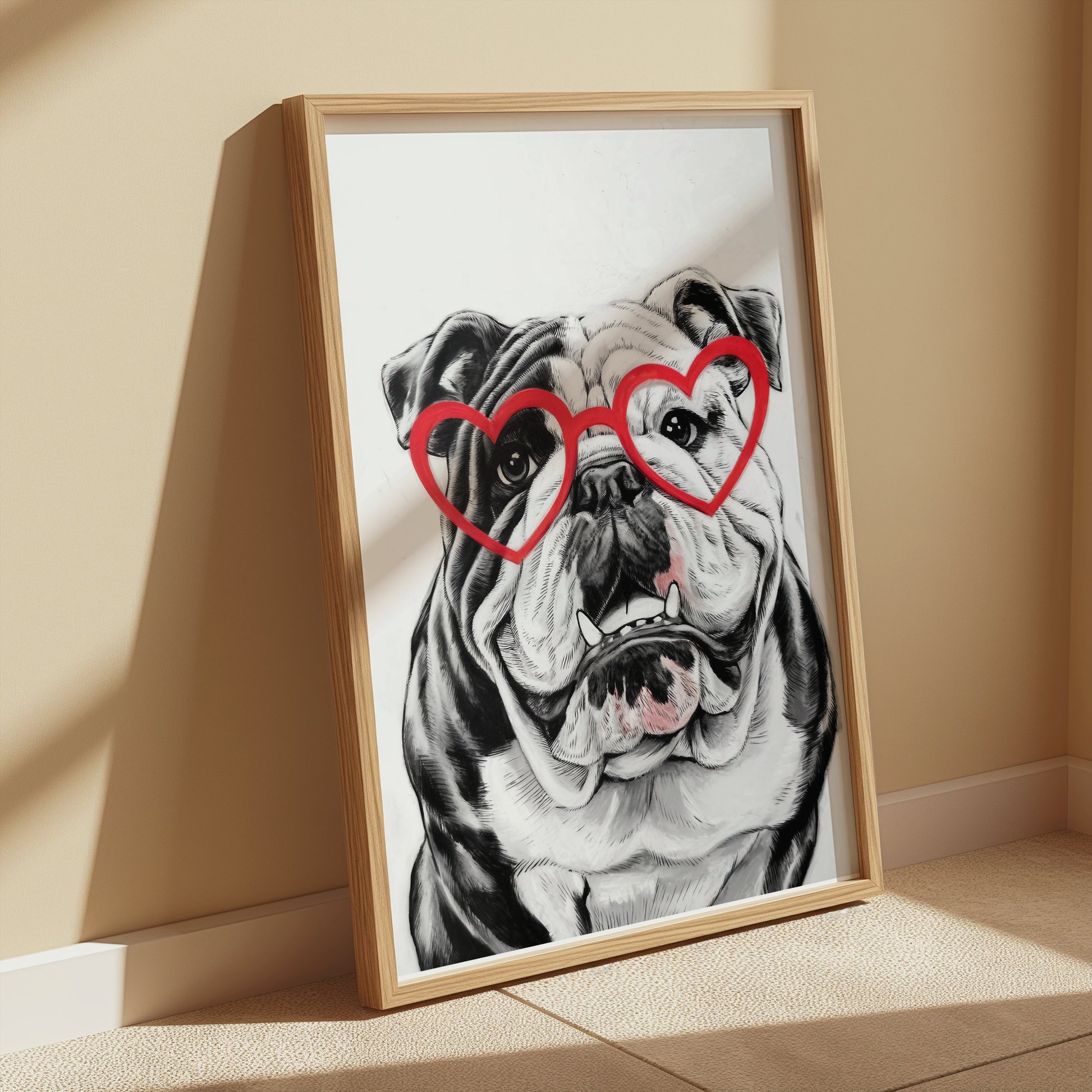 Premium Poster of Adorable Bulldog with Heart Glasses Wall Art Posters