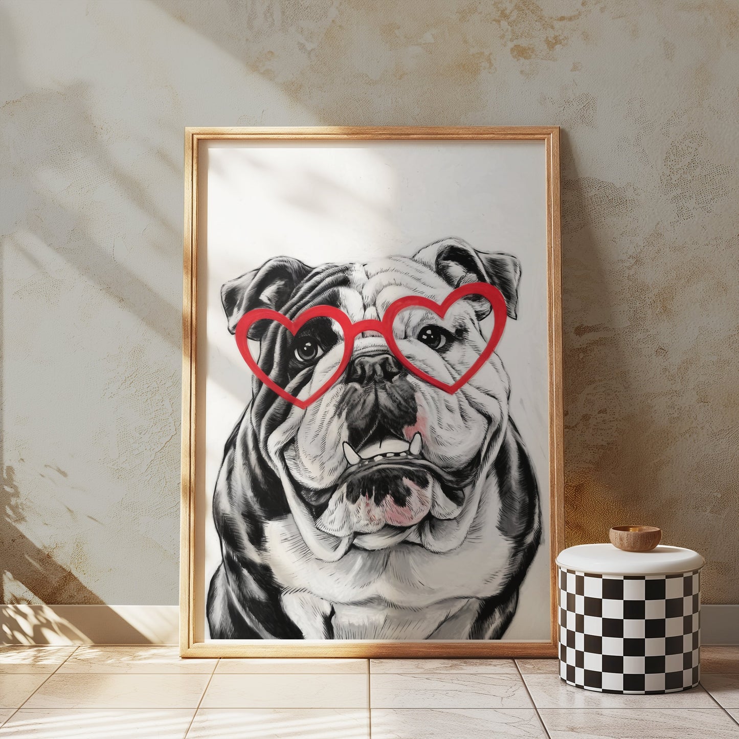 Premium Poster of Adorable Bulldog with Heart Glasses Wall Art Posters