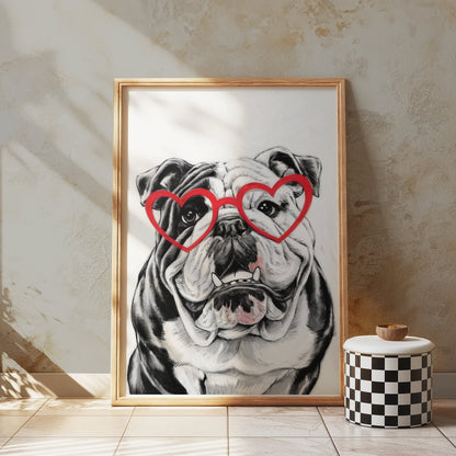 Premium Poster of Adorable Bulldog with Heart Glasses Wall Art Posters