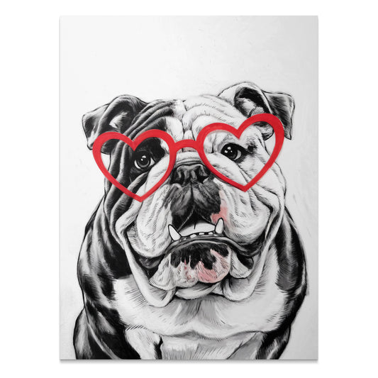 Premium Poster of Adorable Bulldog with Heart Glasses Wall Art Posters
