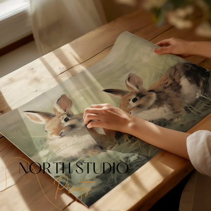 Premium Poster of Adorable Bunnies in Meadow Scene Art Print Posters