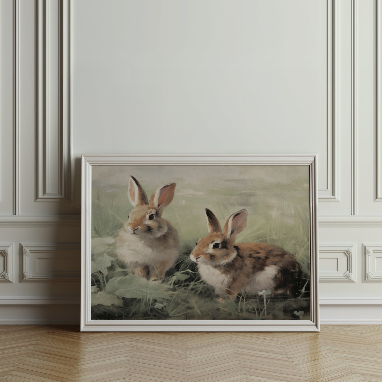 Premium Poster of Adorable Bunnies in Meadow Scene Art Print Posters