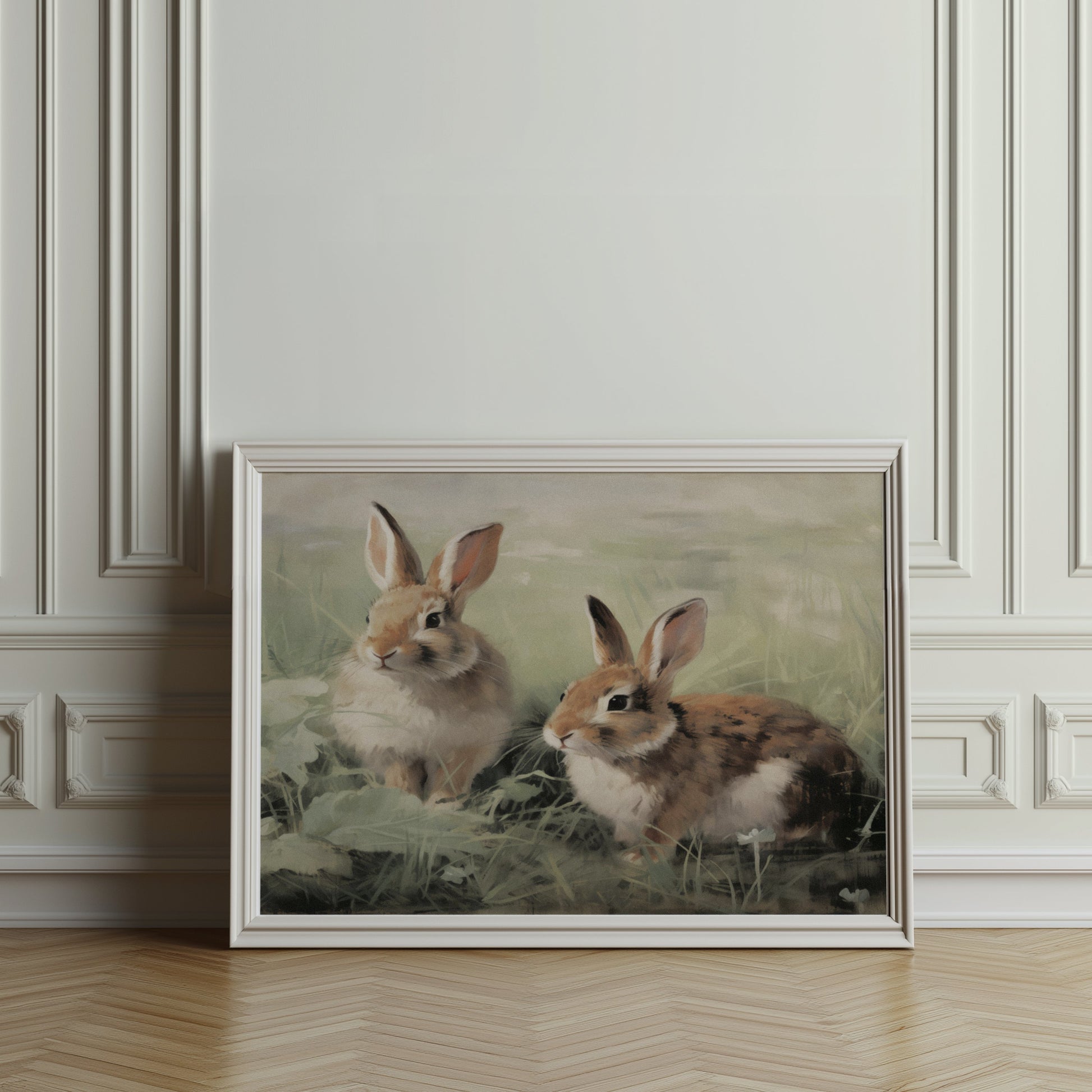 Premium Poster of Adorable Bunnies in Meadow Scene Art Print Posters